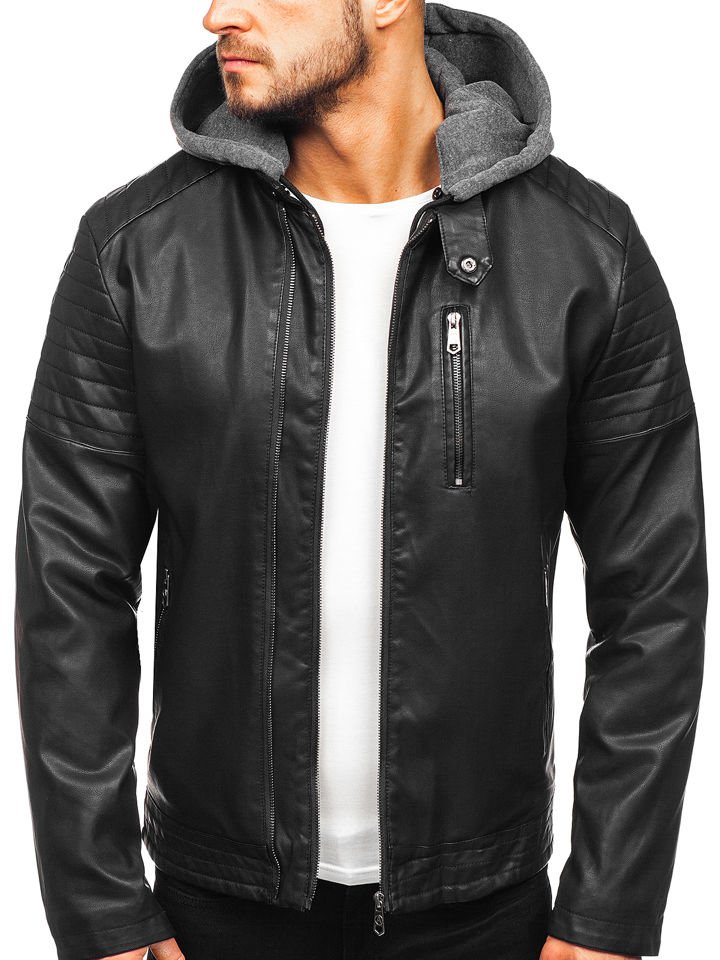Warm Leather Hooded Jacket Black Bolf 92543