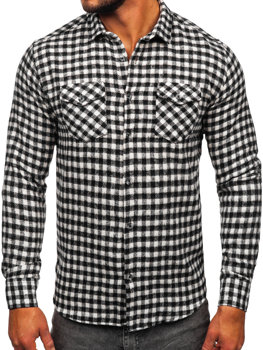 Men's Checkered Long Sleeve Flannel Shirt Black-White Bolf 22701