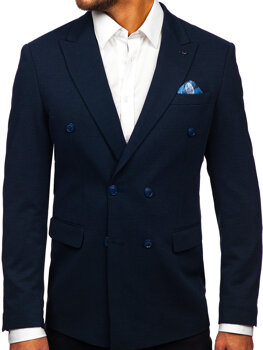 Men's Double-breasted Casual Suit Jacket Navy Blue Bolf 008