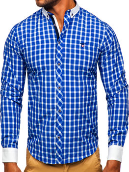 Men's Elegant Checkered Long Sleeve Shirt Cobalt Bolf 5737-1