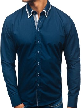 Men's Elegant Long Sleeve Shirt Navy Blue Bolf 3704-1