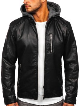 Men's Hooded Leather Jacket Black Bolf 1150