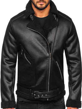 Men's Leather Biker Jacket with Sheepskin Black Bolf 11Z8006