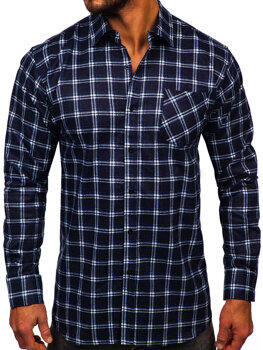 Men's Long Sleeve Chckered Flannel Shirt Navy Blue Bolf F7
