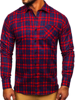 Men's Long Sleeve Checkered Flannel Shirt Red Bolf F1