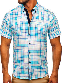 Men's Short Sleeve Checkered Shirt Sky Blue Bolf 201501