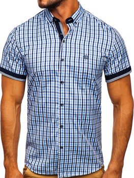 Men's Short Sleeve Checkered Shirt Sky Blue Bolf 4510