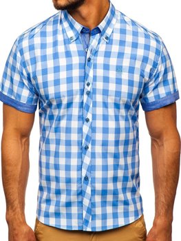 Men's Short Sleeve Checkered Shirt Sky Blue Bolf 6522