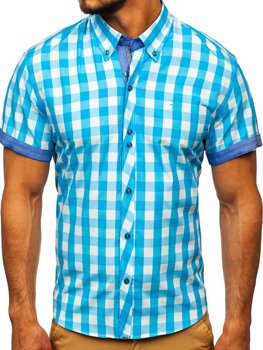 Men's Short Sleeve Checkered Shirt Turquoise Bolf 6522