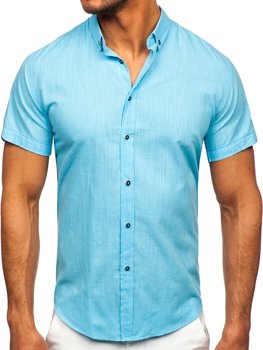 Men's Short Sleeve Cotton Shirt Turquoise Bolf 20501