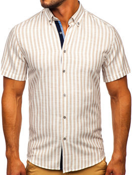 Men's Short Sleeve Striped Shirt Beige Bolf 21500
