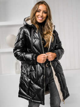 Women's Longline Quilted Winter Jacket with hood Black Bolf 5M3189