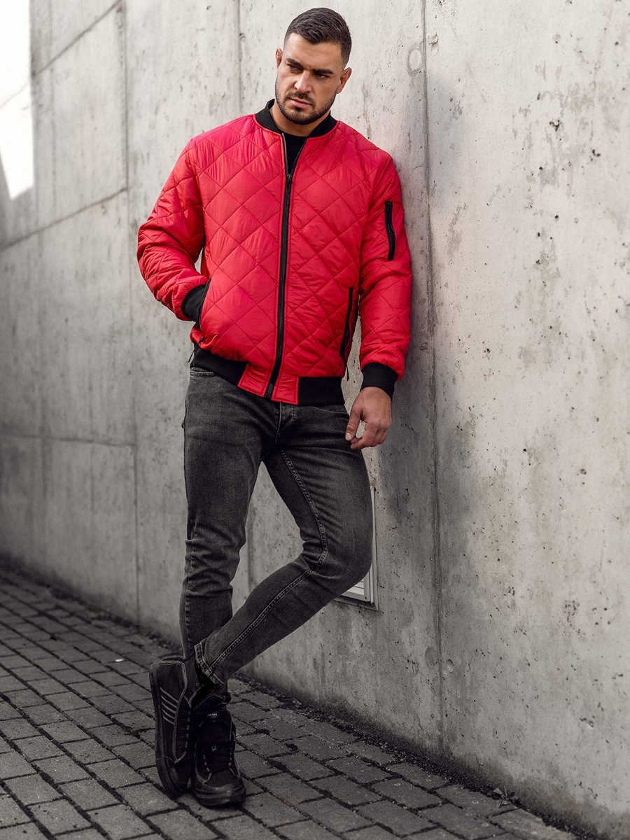 Men's Quilted Lightweight Bomber Jacket Red Bolf MY-01