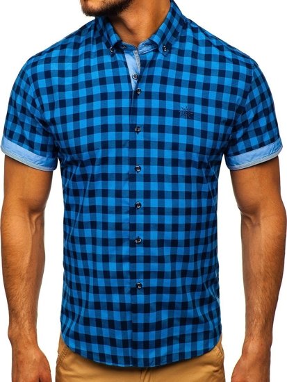 Men's Checked Short Sleeve Shirt Blue Bolf 4508
