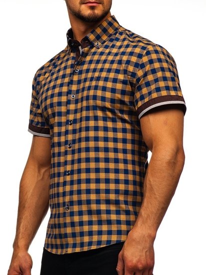 Men's Checked Short Sleeve Shirt Brown Bolf 4508