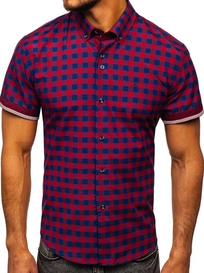 Men's Checked Short Sleeve Shirt Red Bolf 4508