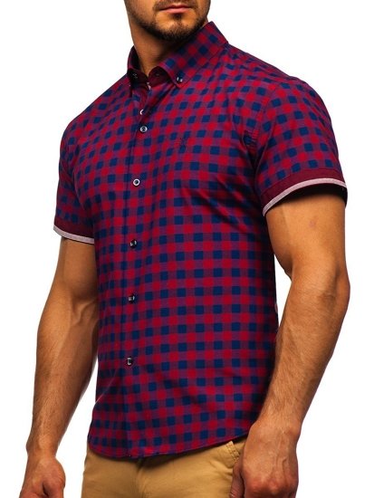 Men's Checked Short Sleeve Shirt Red Bolf 4508