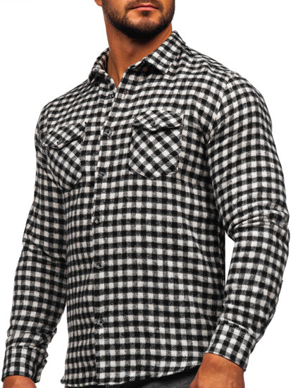 Men's Checkered Long Sleeve Flannel Shirt Black-White Bolf 22701