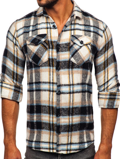 Men's Checkered Long Sleeve Flannel Shirt Blue-Brown Bolf 22704