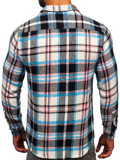 Men's Checkered Long Sleeve Flannel Shirt Blue-Pink Bolf 22704