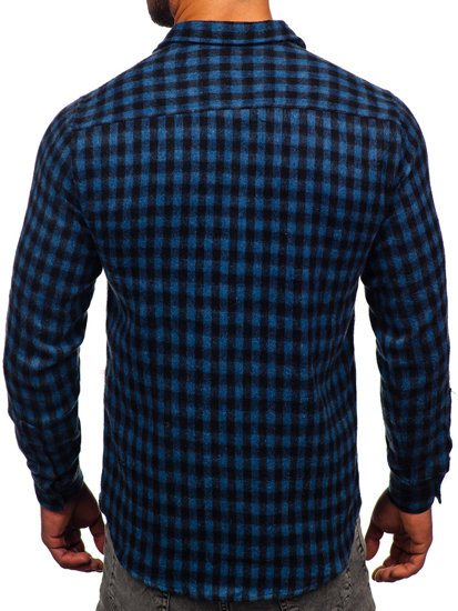 Men's Checkered Long Sleeve Flannel Shirt Navy Blue Bolf 22701