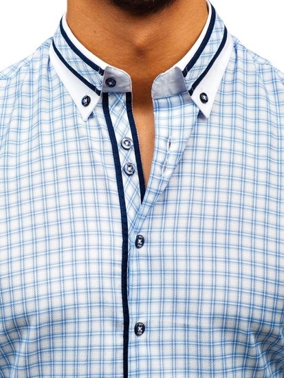 Men's Checkered Long Sleeve Shirt Sky Blue Bolf 8808