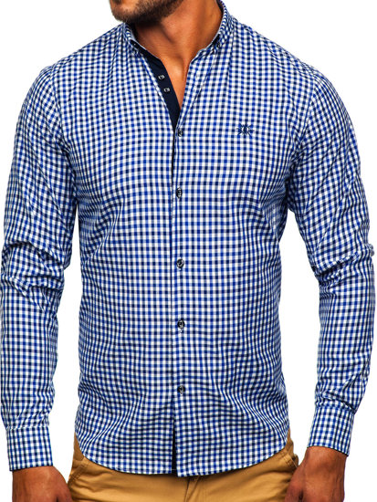 Men's Checkered Long Sleeve Vichy Shirt Navy Blue Bolf 4712