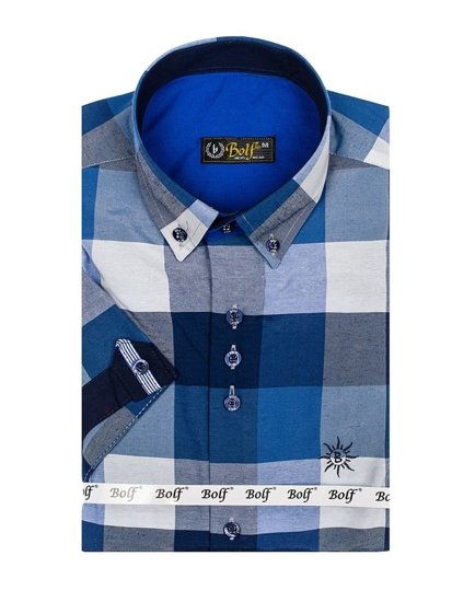 Men's Checkered Short Sleeve Shirt Navy Blue Bolf 5532