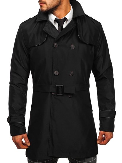 Men's Double-breasted Trench Coat with High Collar and Belt Black Bolf 0001