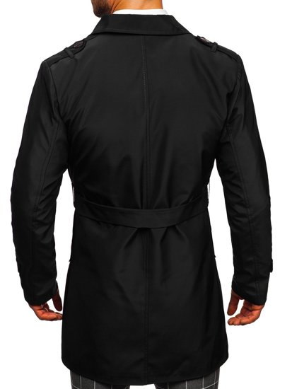 Men's Double-breasted Trench Coat with High Collar and Belt Black Bolf 0001