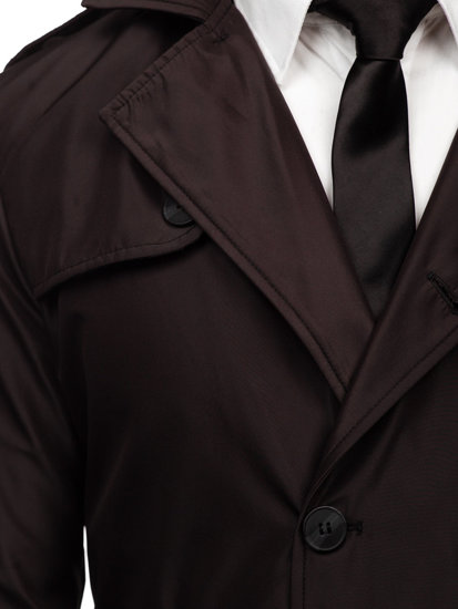Men's Double-breasted Trench Coat with High Collar and Belt Dark Brown Bolf 0001