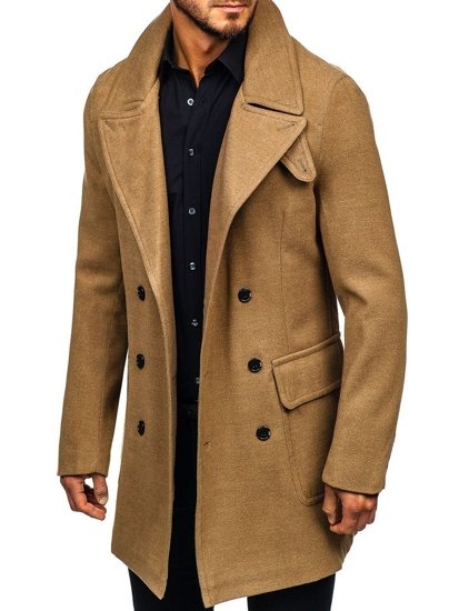 Men's Double-breasted Winter Coat with a High Collar Black Bolf 1048