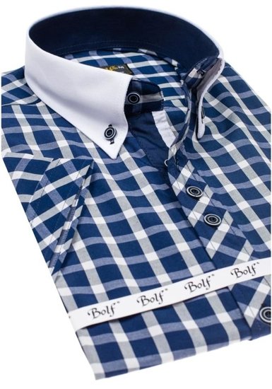 Men's Elegant Checked Short Sleeve Shirt Bolf Navy Blue 5531