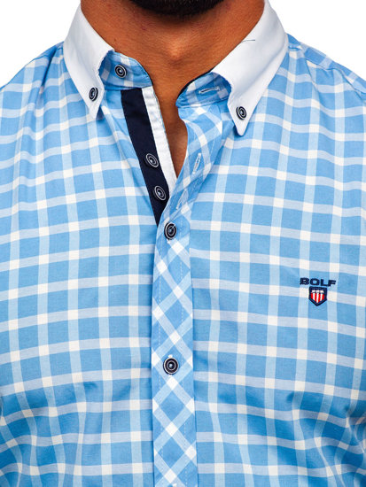 Men's Elegant Checked Short Sleeve Shirt Sky Blue Bolf 5531