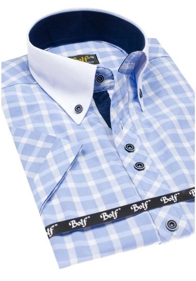 Men's Elegant Checked Short Sleeve Shirt Sky Blue Bolf 5531