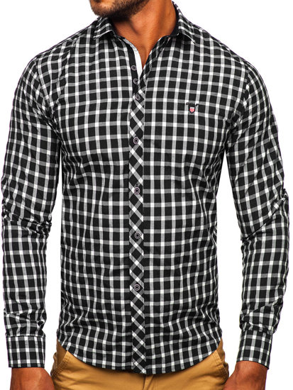 Men's Elegant Checkered Long Sleeve Shirt Black Bolf 4747-1
