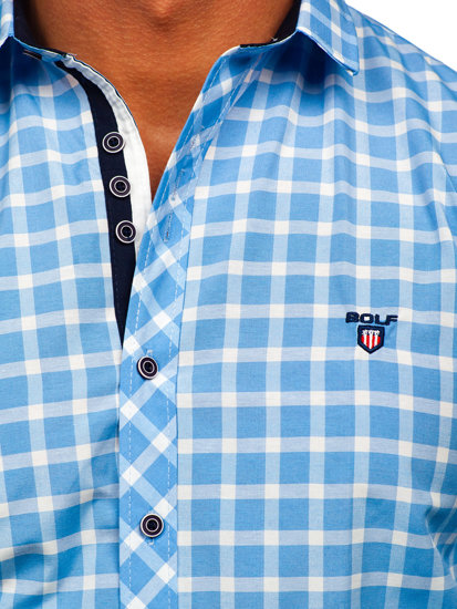 Men's Elegant Checkered Long Sleeve Shirt Sky Blue Bolf 4747-1