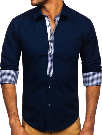 Men's Elegant Long Sleeve Shirt Navy Blue Bolf 6873