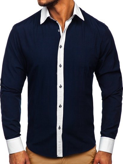 Men's Elegant Long Sleeve Shirt Navy Blue Bolf 6882