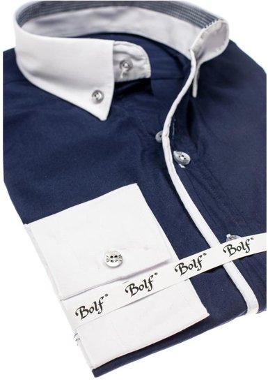 Men's Elegant Long Sleeve Shirt Navy Blue Bolf 6919