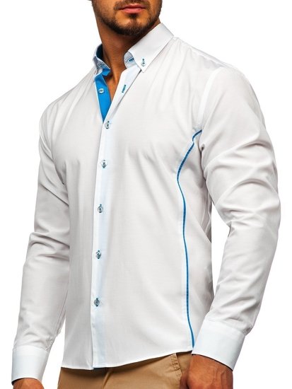 Men's Elegant Long Sleeve Shirt White-Sky Blue Bolf 5722-1-A
