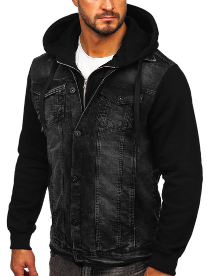 Men's Hooded Denim Jacket Black Bolf 801