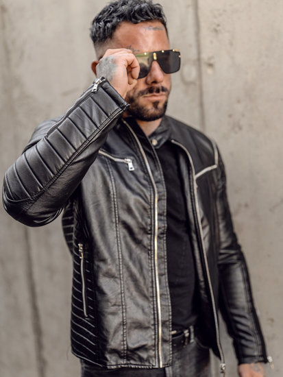Men's Leather Biker Jacket with Detachable Sleeves Black Bolf 11Z8011