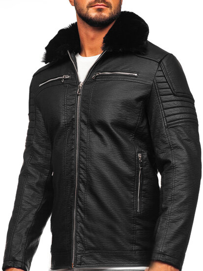 Men's Leather Biker Jacket with Fur Black Bolf 11Z8013