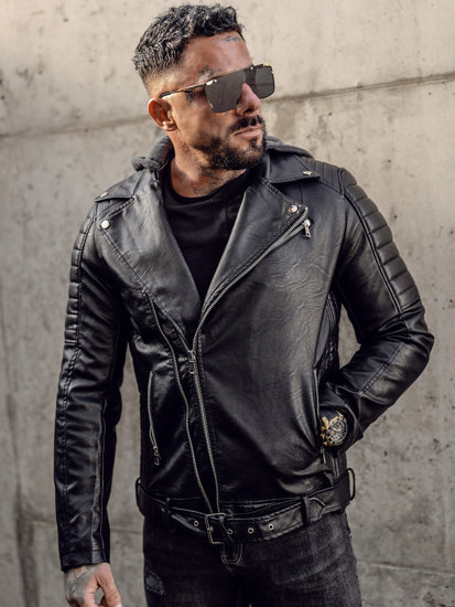 Men's Leather Biker Jacket with Hood Black Bolf 11Z8005