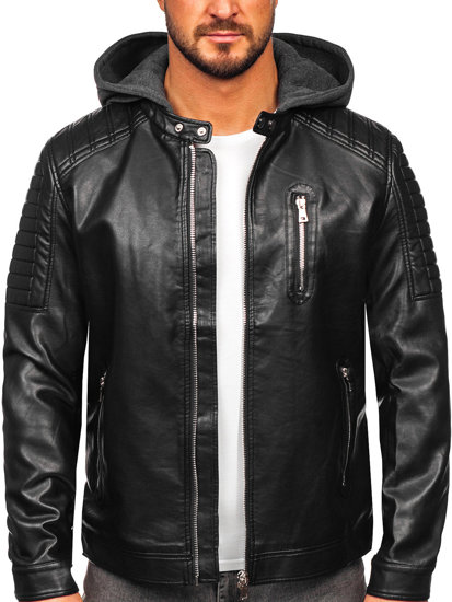 Men's Leather Biker Jacket with Hood Black Bolf 11Z8018
