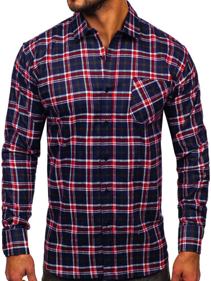 Men's Long Sleeve Chckered Flannel Shirt Navy Blue-Red Bolf F7
