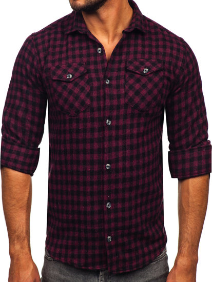 Men's Long Sleeve Checkered Flannel Shirt Claret Bolf 22701