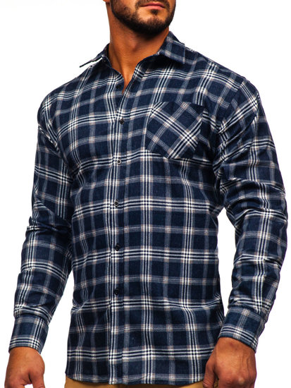 Men's Long Sleeve Checkered Flannel Shirt Navy Blue Bolf F1