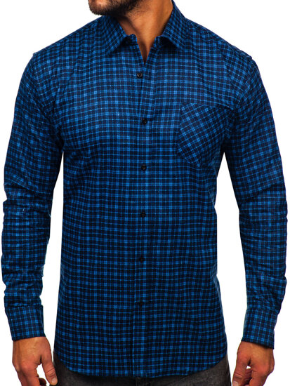 Men's Long Sleeve Checkered Flannel Shirt Navy-Blue Bolf F5